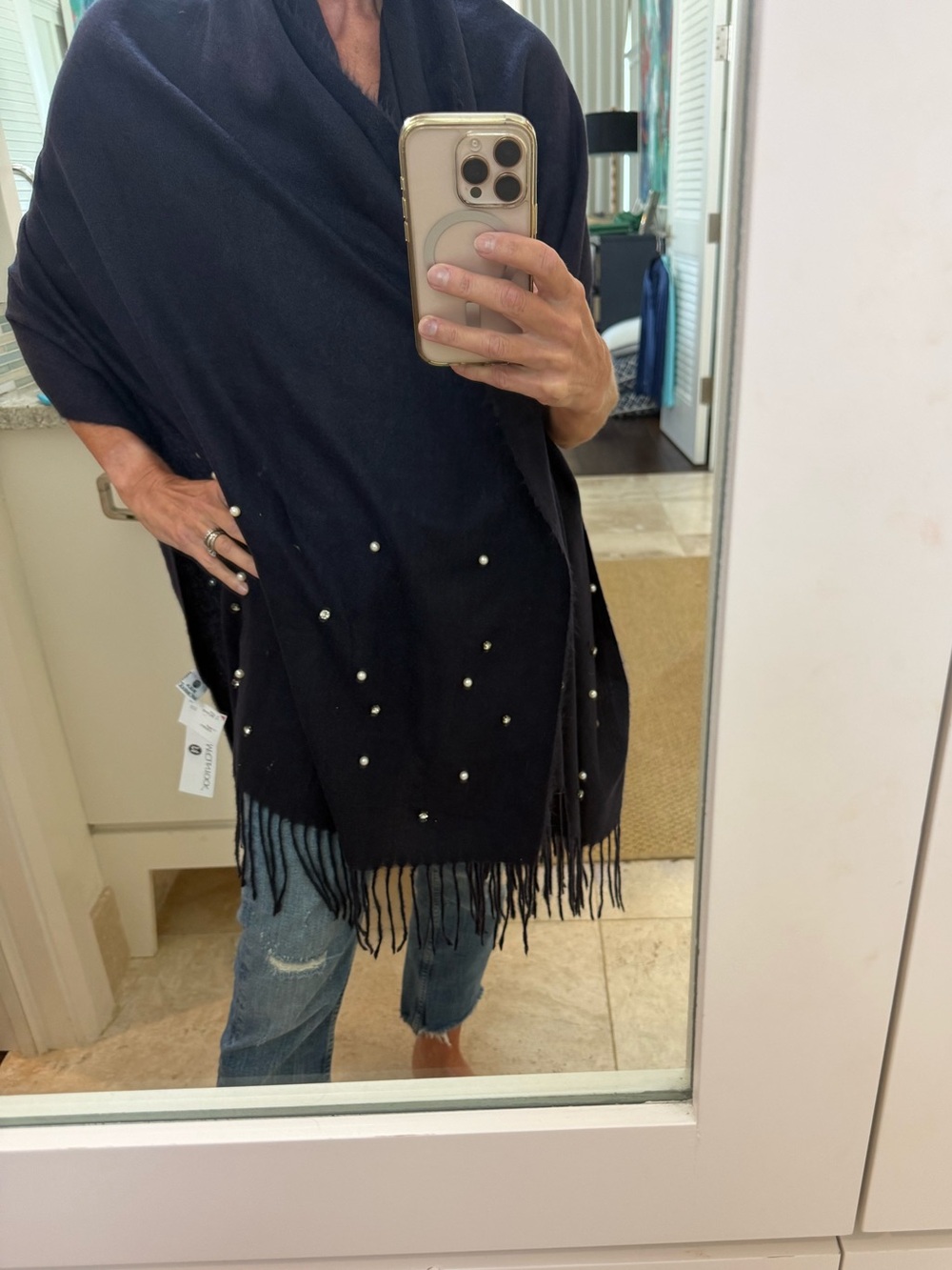 NWT Elegant Navy Fringe Wrap/Shawl with Pearl and Diamond stud Accent